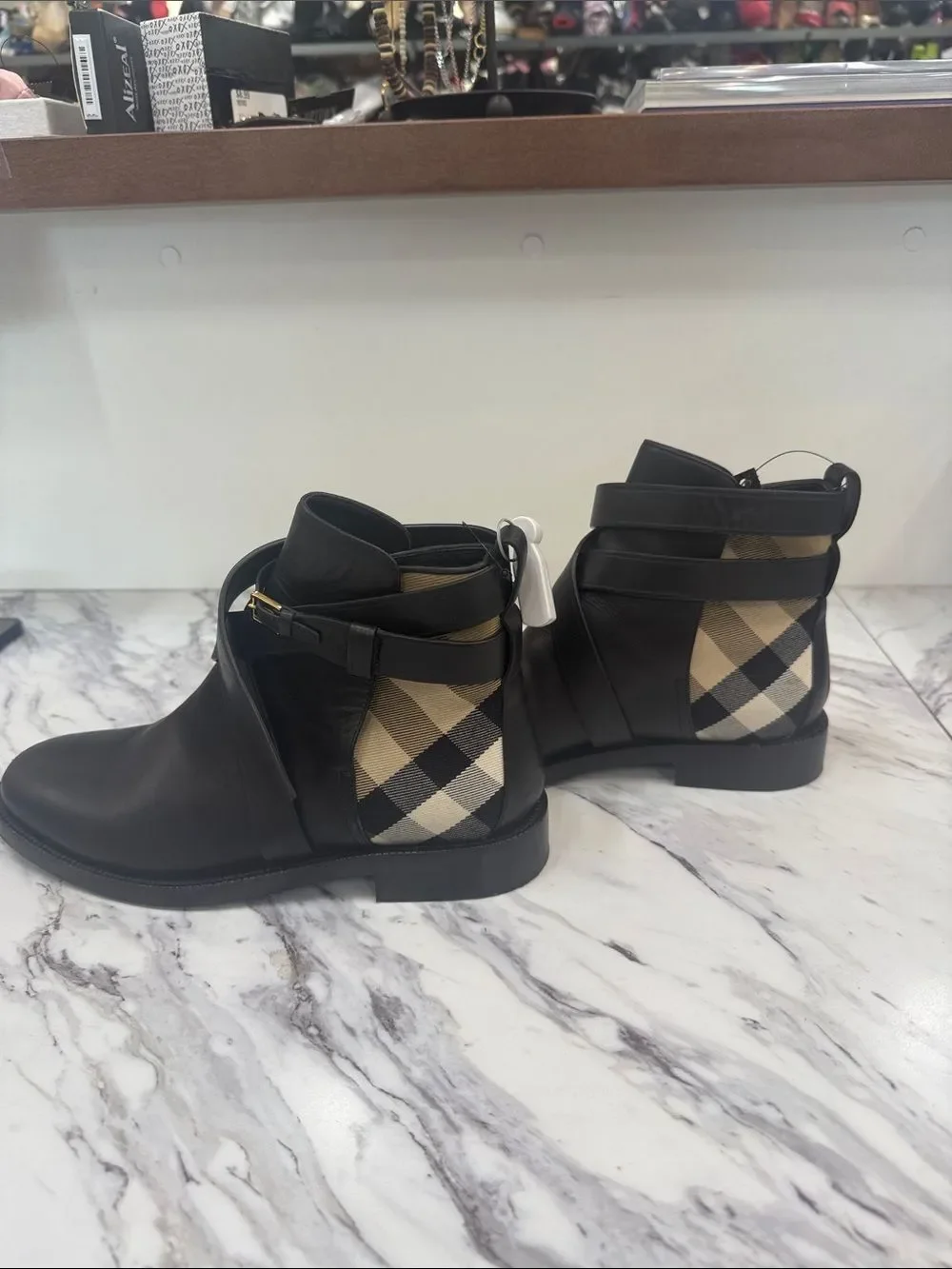 Burberry Black Leather Ankle Boots with Signature Check Panel